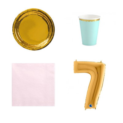 7-årskalas, Mint, rosa och guld, kalaspaket, 6 gäster – paketets produkter med sifferballong 100 cm