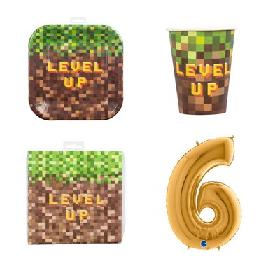 6-årskalas, Minecraft-kalas, kalaspaket, 8 gäster – paketets produkter med sifferballong 100 cm