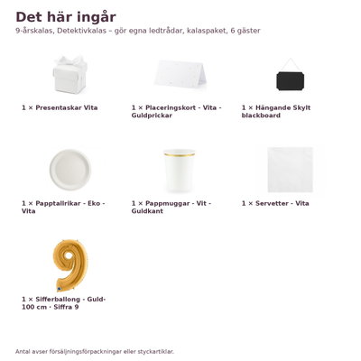 9-årskalas, Detektivkalas – gör egna ledtrådar, kalaspaket, 6 gäster – innehåll och antal, sifferballong 100 cm
