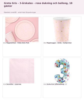 Greta Gris – 3-årskalas – rosa dukning och ballong, 18 gäster – innehåll och antal