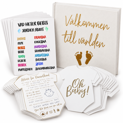 Babyshower – aktivitetspaket med lek, rådskort och gästbok – samlat paketinnehåll