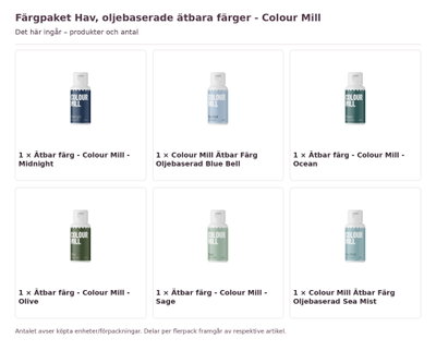 Färgpaket Hav, oljebaserade ätbara färger - Colour Mill – innehåll och antal förpackningar