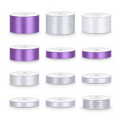 Satinbandspaket – Lavendel och silver – 12 rullar – hela paketet