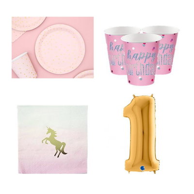 1-årskalas, Enhörningskalas, kalaspaket, 8 gäster – paketets produkter med sifferballong 100 cm