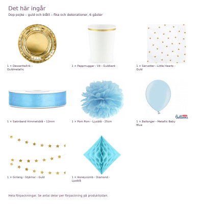 Dop pojke – guld och blått – fika och dekorationer, 6 gäster – innehåll och antal förpackningar