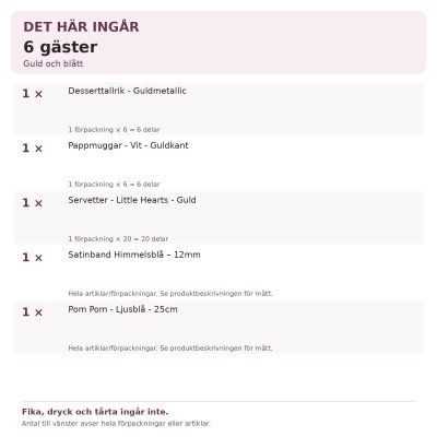 Dop pojke – guld och blått – fikadukning, 6 gäster – innehåll och antal
