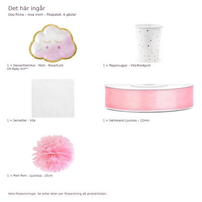 Dop flicka – rosa moln – fikapaket, 6 gäster – innehåll och antal förpackningar