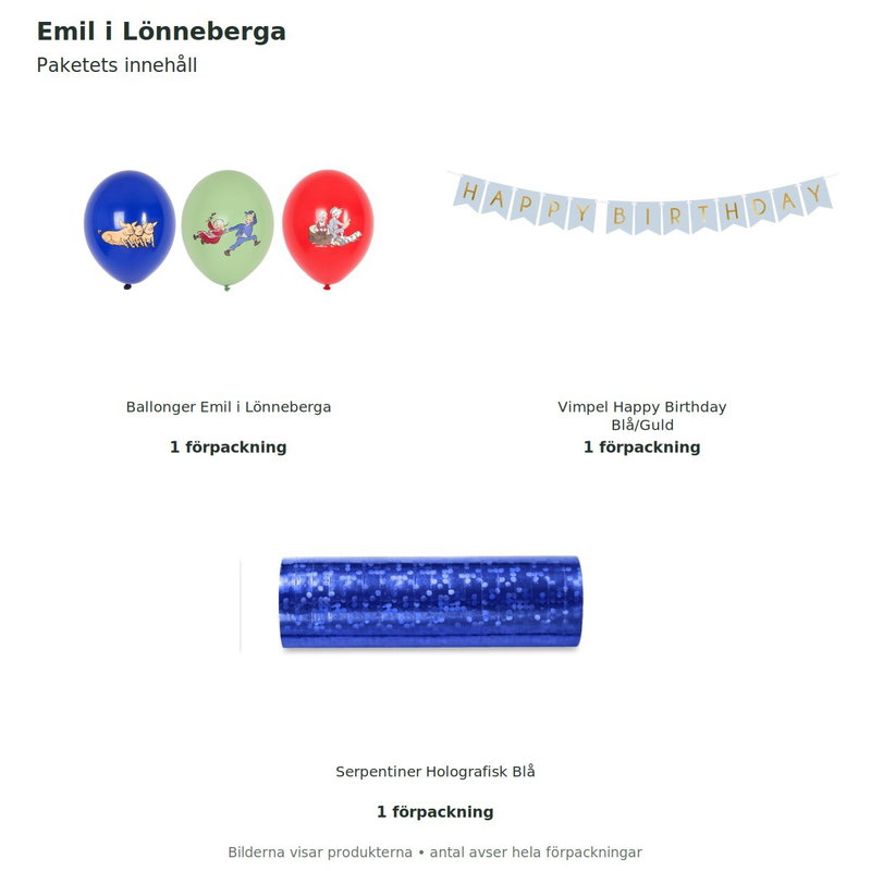 Emil i Lönneberga – dekorationspaket Bas – innehåll och antal
