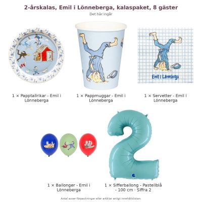 2-årskalas, Emil i Lönneberga, kalaspaket, 8 gäster – innehåll och antal förpackningar