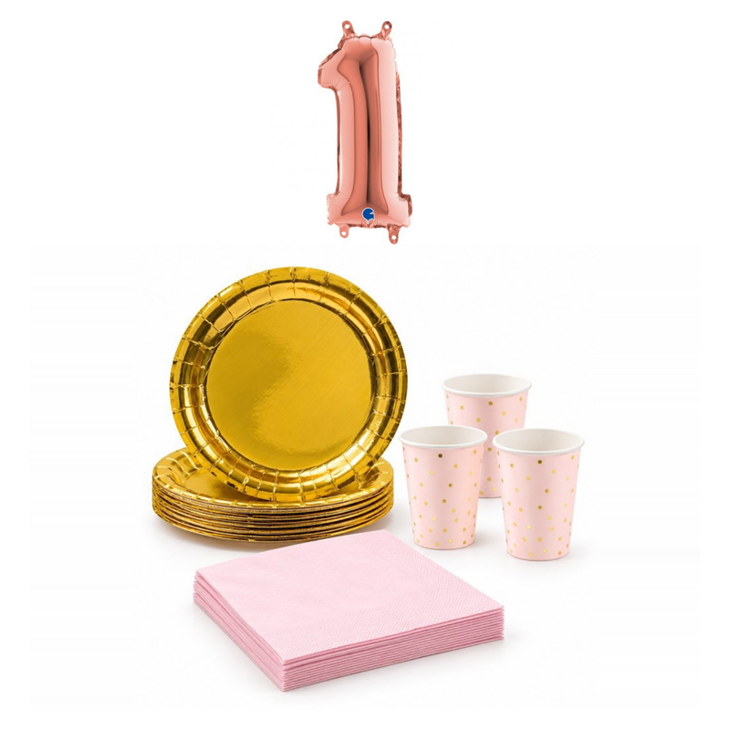 1-årskalas, Rosa och guld, kalaspaket, 6 gäster – sammansatt bild av paketets produkter