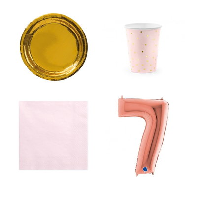 7-årskalas, Rosa och guld, kalaspaket, 6 gäster – paketets produkter med sifferballong 100 cm