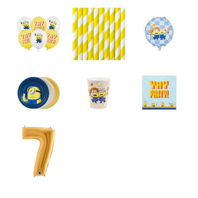 7-årskalas, Minioner, kalaspaket, 6 gäster – paketets produkter med sifferballong 100 cm
