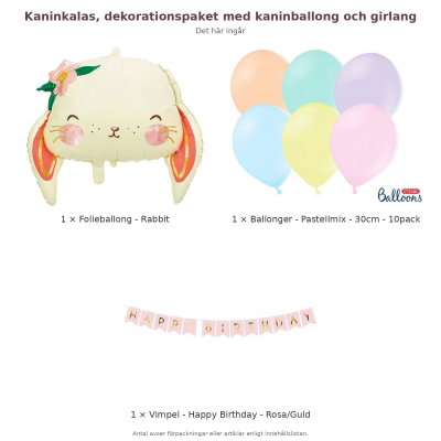 Kaninkalas, dekorationspaket med kaninballong och girlang – innehåll och antal förpackningar