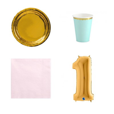 1-årskalas, Mint, rosa och guld, kalaspaket, 6 gäster – paketets produkter med sifferballong 100 cm
