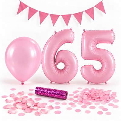 65-års festpaket, Rosa, Stor – paketets dekorationer på vit bakgrund