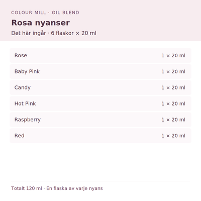 Paketinnehåll: 1 × Rose 20 ml, 1 × Baby Pink 20 ml, 1 × Candy 20 ml, 1 × Hot Pink 20 ml, 1 × Raspberry 20 ml, 1 × Red 20 ml