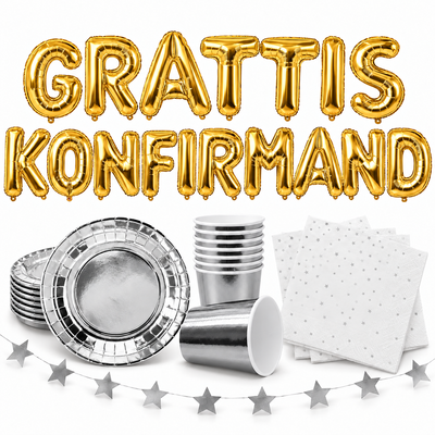 GRATTIS KONFIRMAND, 35 cm guld bokstavsballonger med silver dukning