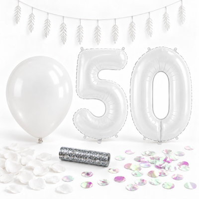 50-års festpaket, Vitt, Stor – paketets dekorationer på vit bakgrund
