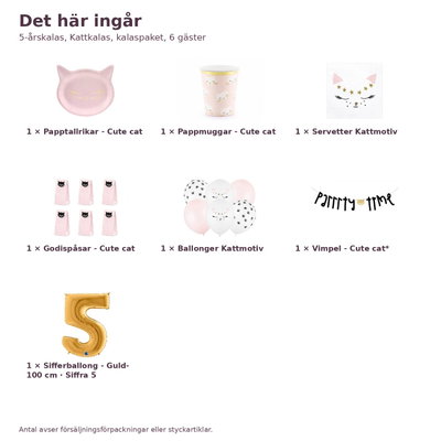 5-årskalas, Kattkalas, kalaspaket, 6 gäster – innehåll och antal, sifferballong 100 cm