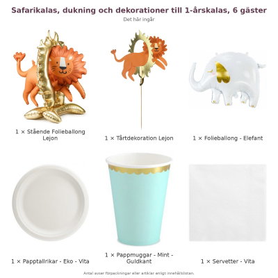 Safarikalas, dukning och dekorationer till 1-årskalas, 6 gäster – innehåll och antal förpackningar