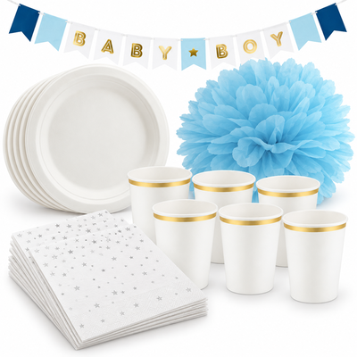 Babyshower pojke – silver och blått – fikapaket, 6 gäster – samlat paketinnehåll