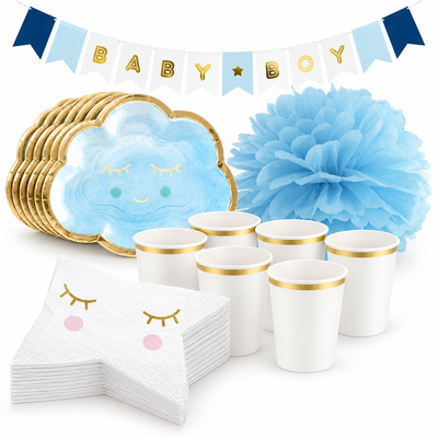 Babyshower pojke – blå moln – fikapaket, 6 gäster – samlat paketinnehåll