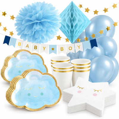 Babyshower pojke – blå moln – fika och dekorationer, 12 gäster – samlat paketinnehåll