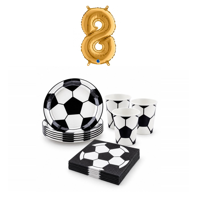 8-årskalas, Fotboll, kalaspaket, 6 gäster – sammansatt bild av paketets produkter