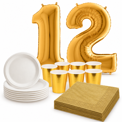 12-årskalas, Vitt och guld, kalaspaket, 6 gäster – samlat paketinnehåll