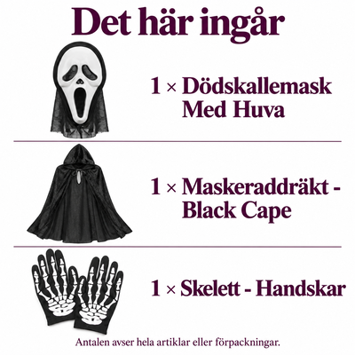 Halloween på fem minuter – mask, cape och handskar – innehåll och antal
