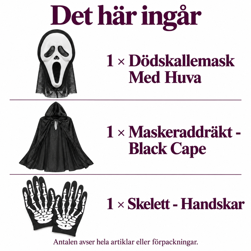 Halloween på fem minuter – mask, cape och handskar – innehåll och antal