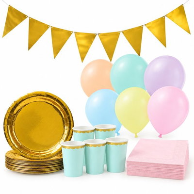 Pastellkalas, mint och guld, kalaspaket med dekorationer, 12 gäster