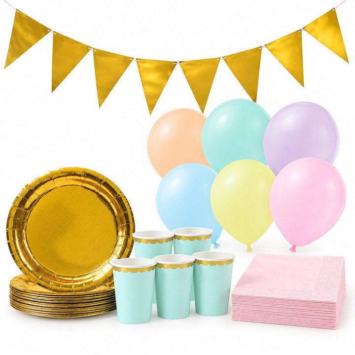Pastellkalas, mint och guld, kalaspaket med dekorationer, 12 gäster