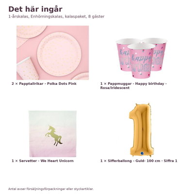 1-årskalas, Enhörningskalas, kalaspaket, 8 gäster – innehåll och antal, sifferballong 100 cm