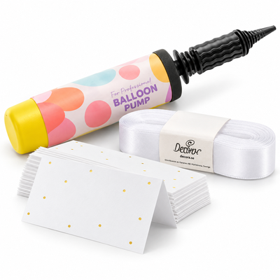 Babyshower – förberedelsepaket – pump, band och placeringskort – samlat paketinnehåll