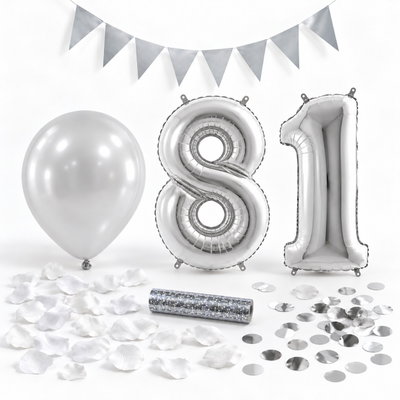 81-års festpaket, Silver, Stor – paketets dekorationer på vit bakgrund