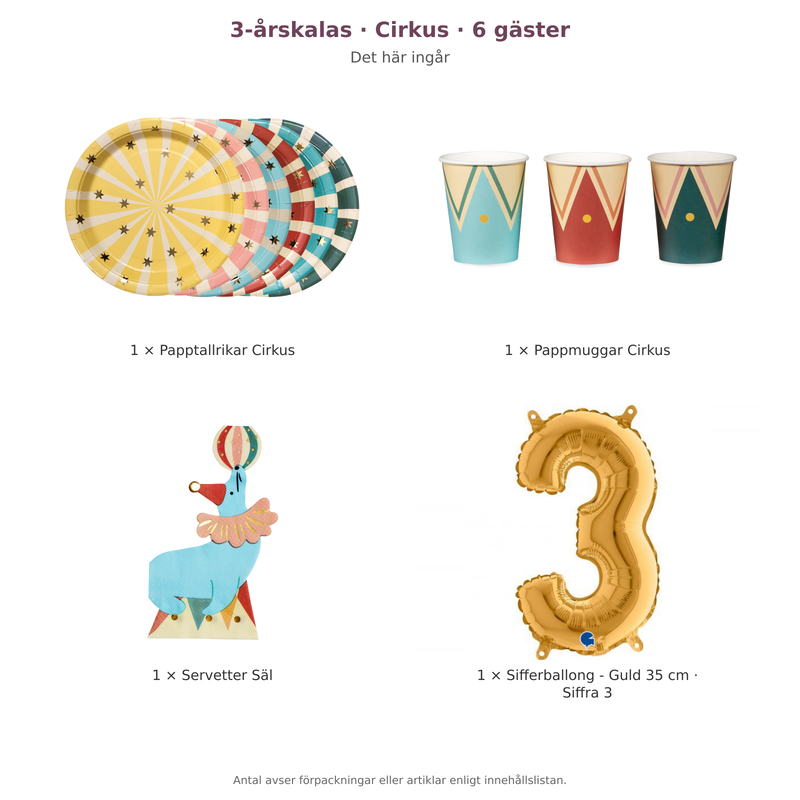 3-årskalas, Cirkus, kalaspaket, 6 gäster – innehåll och antal förpackningar