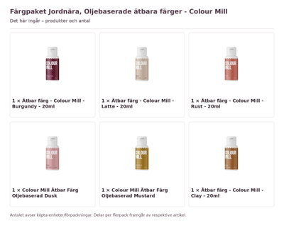Färgpaket Jordnära, Oljebaserade ätbara färger - Colour Mill – innehåll och antal förpackningar