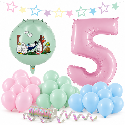 Mumin 5 år – dekorationspaket Pastell – paketets produkter
