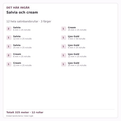 Det här ingår – Satinbandspaket – Salvia och cream – 12 rullar