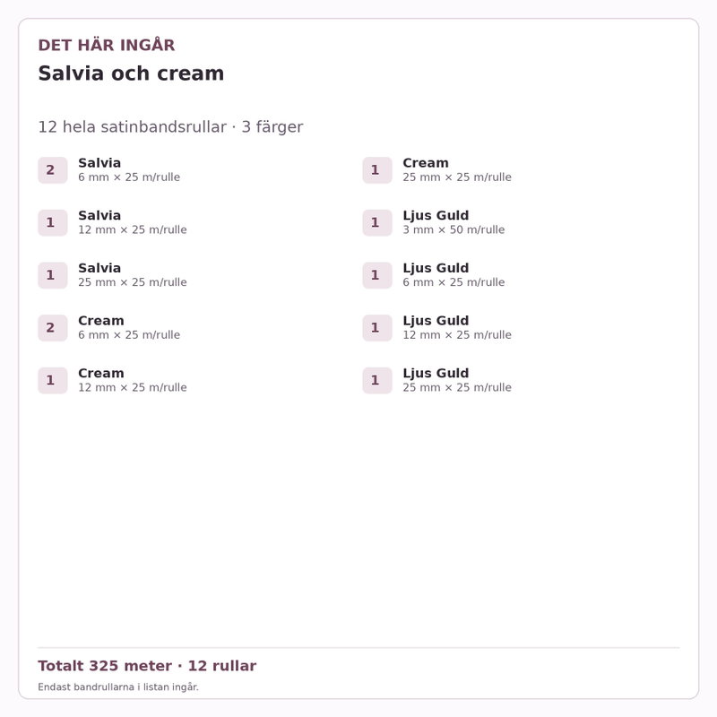 Det här ingår – Satinbandspaket – Salvia och cream – 12 rullar