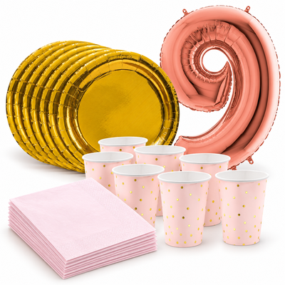 9-årskalas, Rosa och guld, kalaspaket, 6 gäster – samlat paketinnehåll