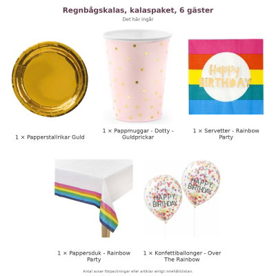 Regnbågskalas, kalaspaket, 6 gäster – innehåll och antal förpackningar
