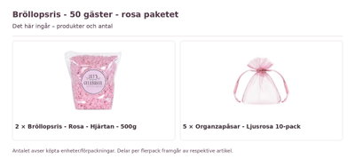 Bröllopsris - 50 gäster - rosa paketet – innehåll och antal förpackningar