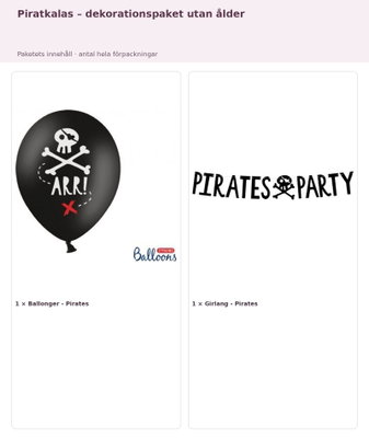 Piratkalas – dekorationspaket utan ålder – innehåll och antal