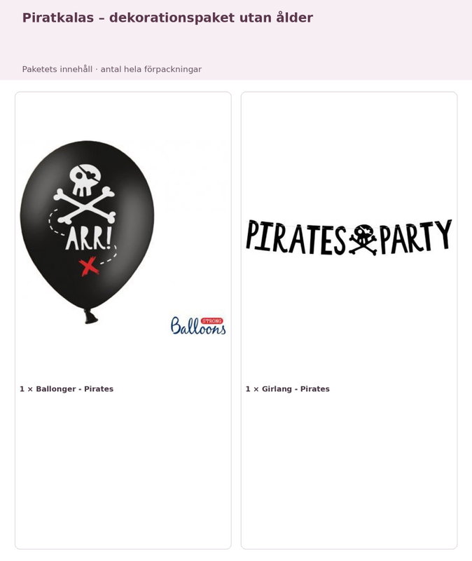 Piratkalas – dekorationspaket utan ålder – innehåll och antal