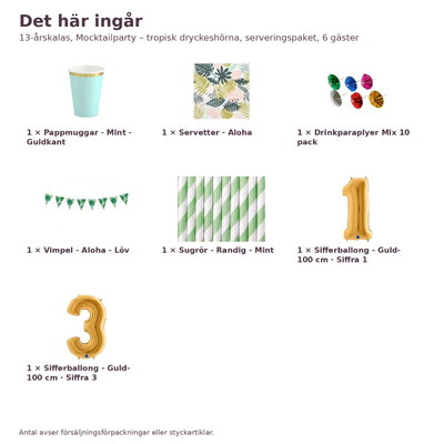 13-årskalas, Mocktailparty – tropisk dryckeshörna, serveringspaket, 6 gäster – innehåll och antal, sifferballong 100 cm