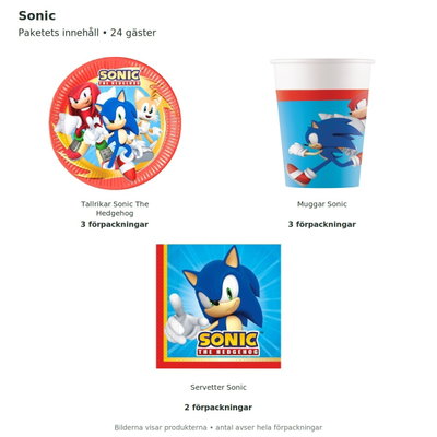 Sonic – dukningspaket för 24 gäster – innehåll och antal