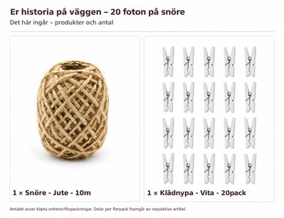 Innehåll och antal: Er historia på väggen – 20 foton på snöre