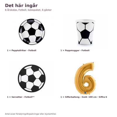 6-årskalas, Fotboll, kalaspaket, 6 gäster – innehåll och antal, sifferballong 100 cm